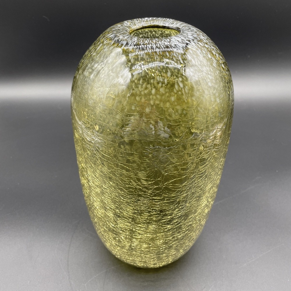 Vintage Crackle Glass Vase Chartreuse White Spatter 11" 3lb 5oz